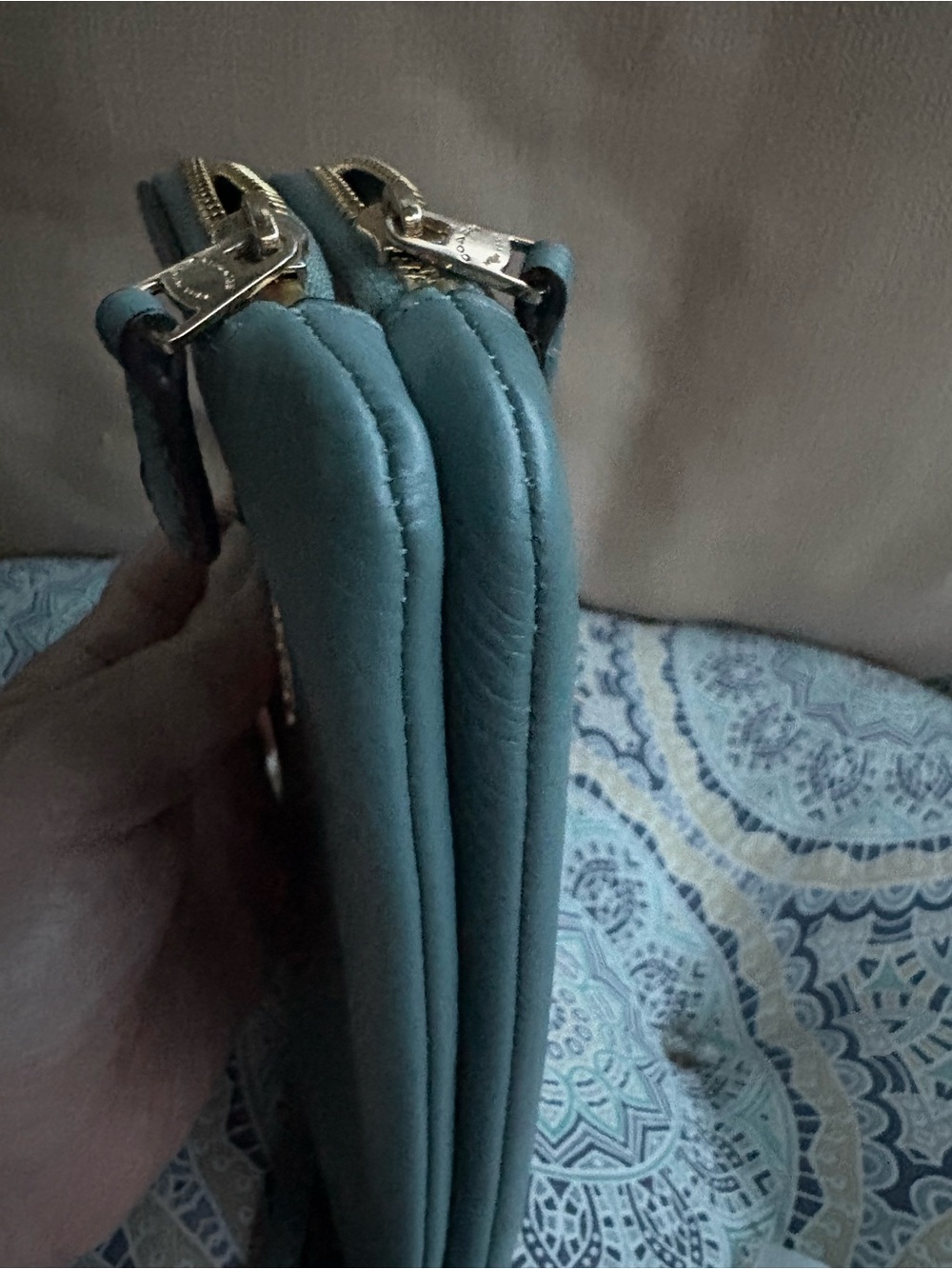 Coach Teal Pebbled Leather Double Zippered Wristlet EUC - Picture 9 of 10